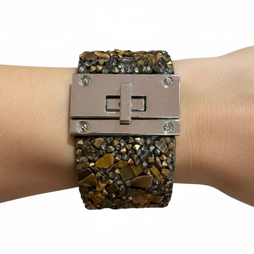 Wide Stone Chip Cuff Bracelet Brown Gold Tone Statement
